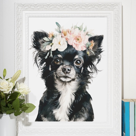 Watercolor Black Chihuahua with Flowers Portrait Wall Art Print Poster Unframed - Picture 6 of 6
